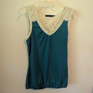 Prana Teal and Cream Lace Trim Tank Top